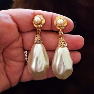 Large Drop Pearls & Rhinestone Earrings